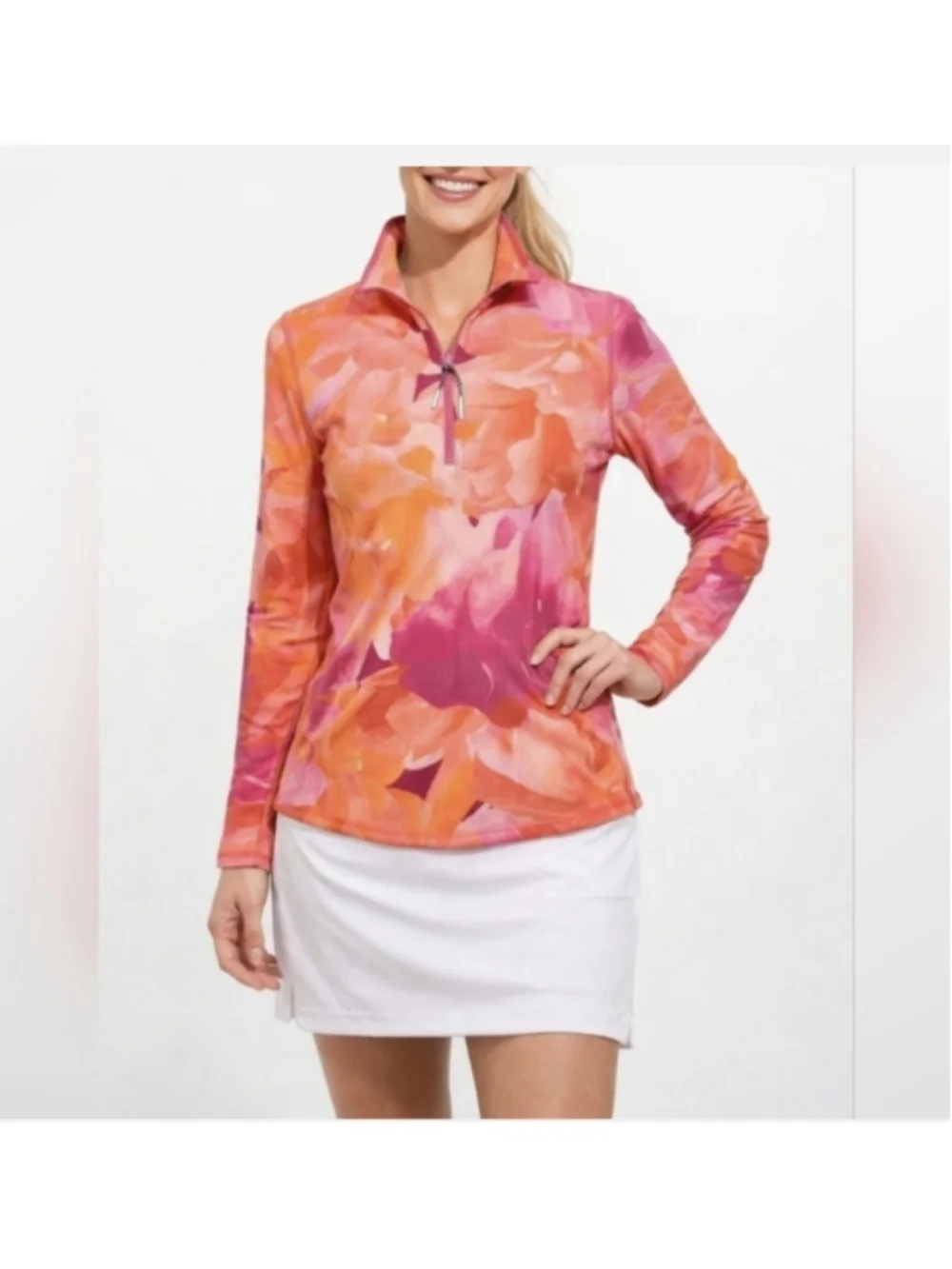 T by Talbots Floral Quarter-Zip Pullover Sweatshirt, Orange Pink sport sz XL